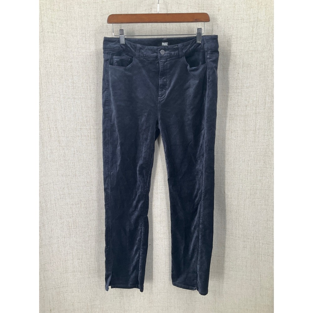 Paige Pants Women 31 Navy Blue Velvet Straight Leg Stretch Dark Academia